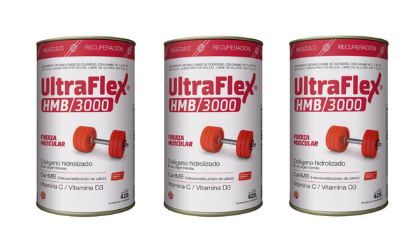 Ultraflex HMB/3000 3x420grs | Collagen-Based Dietary Supplement | Cahmb, Vitamin C, Vitamin D3 | Red Fruits Flavor | Gluten Free | No T.A.C.C.