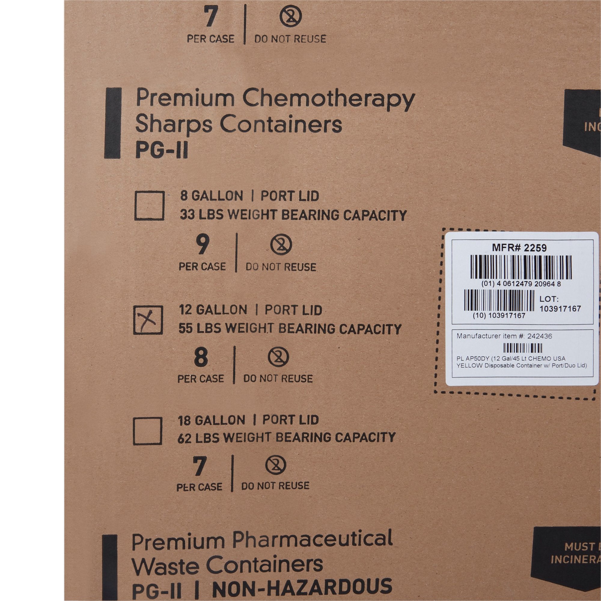 McKesson Prevent® Chemotherapy Sharps Container, 12 Gallon, 20-4/5 x 17-3/10 x 13 Inch (8 Units)