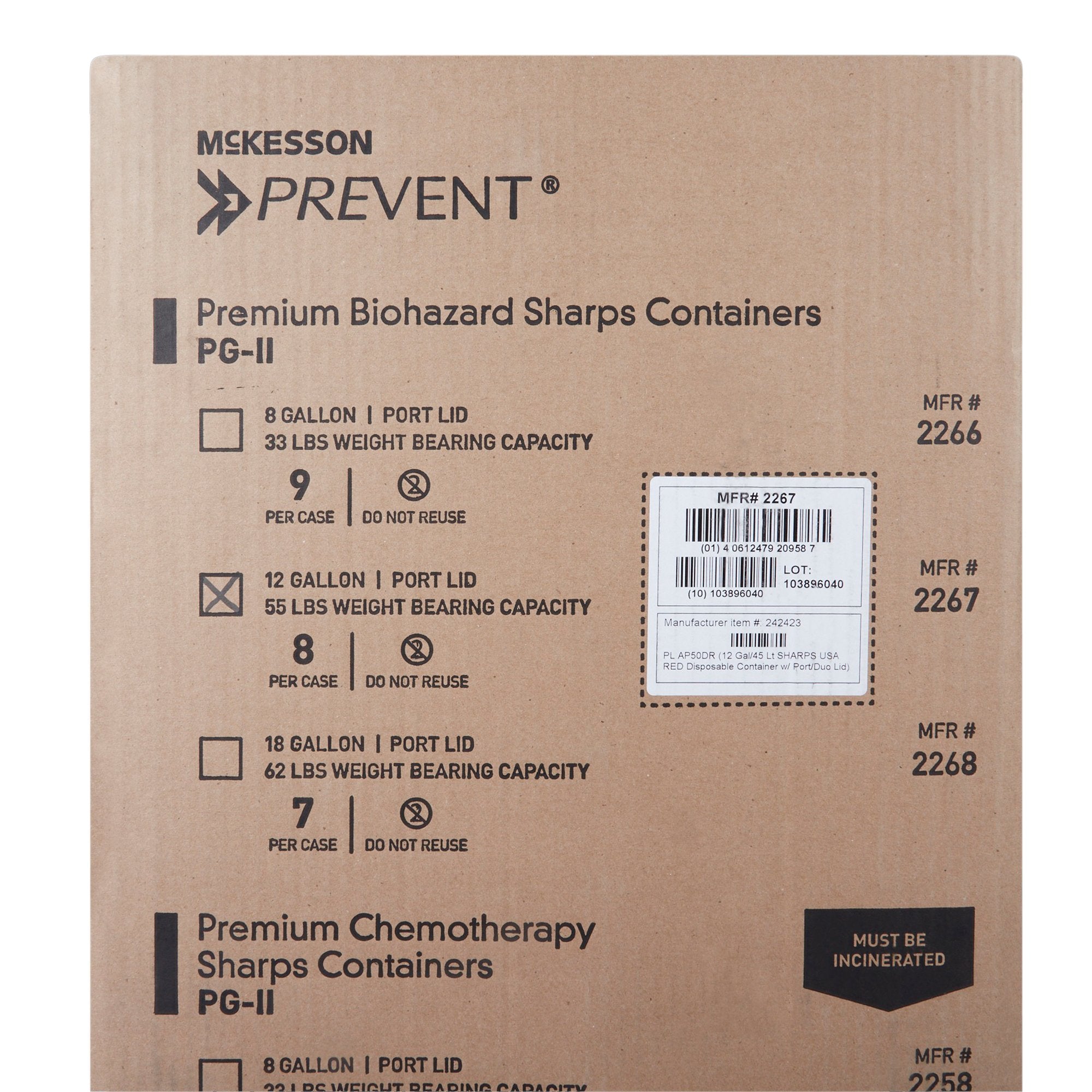 McKesson Prevent® Sharps Container, 12 Gallon, 20-4/5 x 17-3/10 x 13 Inch (1 Unit)