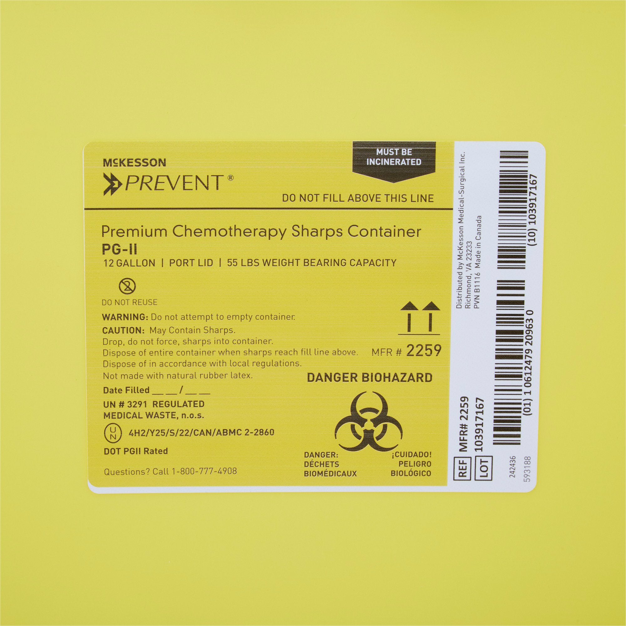 McKesson Prevent® Chemotherapy Sharps Container, 12 Gallon, 20-4/5 x 17-3/10 x 13 Inch (8 Units)