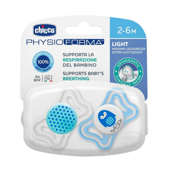 Chicco Physiolight Pacifier 2-6M Sky Blue (2 Units) | Ergonomic Design | Soft Silicone Nipple | BPA Free | Dishwasher Safe