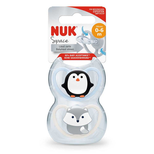 NUK Set of 2 Chup Space T1 Pacifiers - BPA Free, Orthodontic, Cute Penguin-Fox Design, Easy to Hold Handle, Includes Storage Case